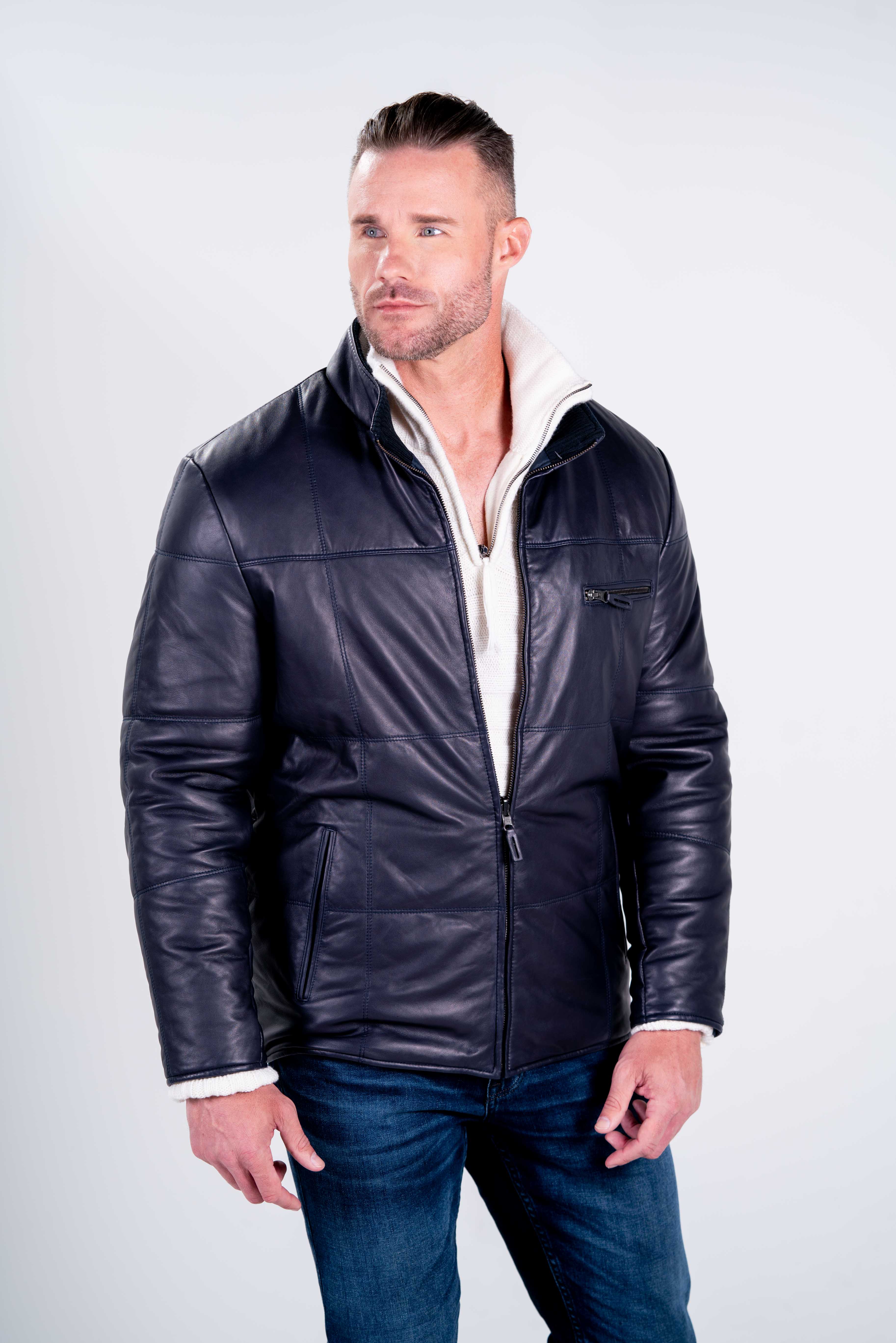 Comstock & Co. Paratrooper Water Resistant Reversible Leather & Nylon Bomber Jacket in Navy