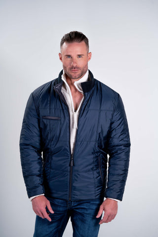 Comstock & Co. Paratrooper Water Resistant Reversible Leather & Nylon Bomber Jacket in Navy