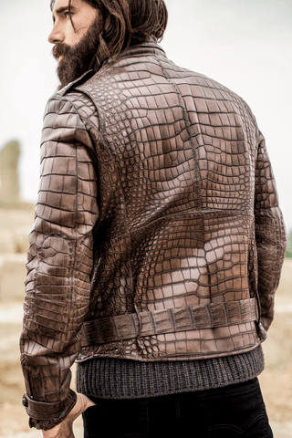Burgundy Crocodile Textured Leather Jacket - Salon Privé