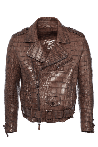 Black/Brown Biker Alligator Croc Print Leather Jacket - Jackets